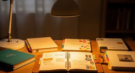 Multiple closed and open notebooks and planners are illuminated by a desk lamp on a wooden surface