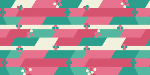 A geometric pattern with pink and teal stripes and small floral designs on a cream background