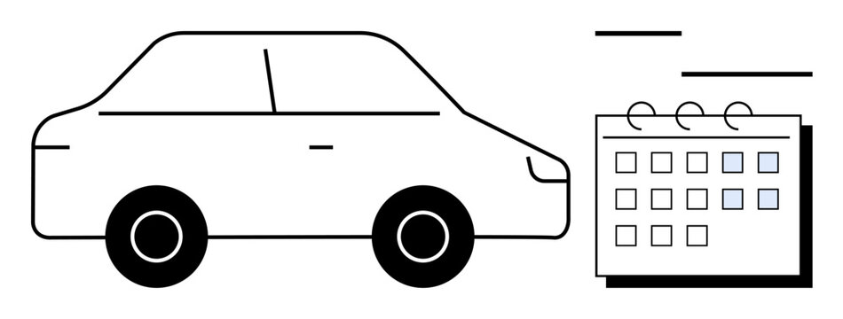 Car parked next to a calendar with marked dates symbolizing planning, booking, and schedules. Ideal for transportation, travel, rentals, time management, organization, logistics and productivity