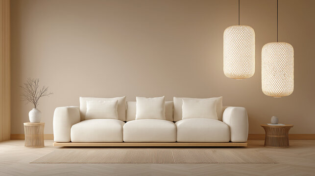 Japandi living room with beige sofa, wooden side tables and pendant lamps