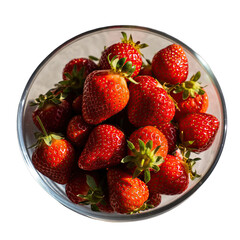 Close Up Overhead View Of A Clear Glass Bowl Filled With Fresh Ripe Red Strawberries On A Black Background With Dramatic Sunlight