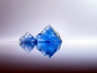 Two vibrant blue icebergs float serenely in still, reflective water under a soft, gradient sky.