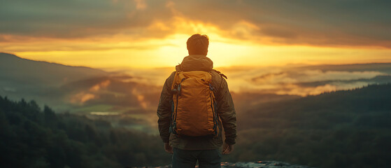 Lone hiker with backpack watches a vibrant sunset over a mountainous valley landscape