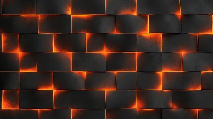 Abstract geometric pattern of glowing orange lines between dark textured tiles creating a dynamic and futuristic visual effect.