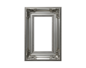 Ornate silver picture frame vintage style with decorative corners isolated on white background