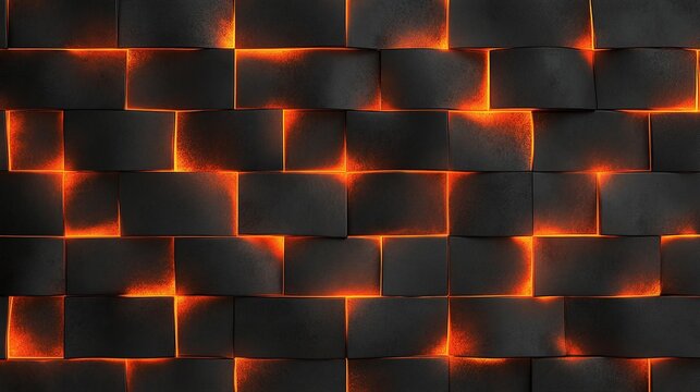 Abstract geometric pattern of glowing orange lines between dark textured tiles creating a dynamic and futuristic visual effect.
