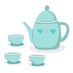 Pastel Flat Teapot and Cups Tea Party Kitchenware Illustration