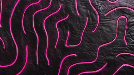 Dynamic Abstract Composition Featuring Vibrant Pink Curves on Dark Leather Textured Background
