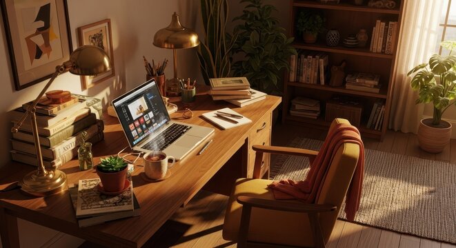 Warm afternoon sunlight illuminates a cozy home office setup featuring a wooden desk and modern technology. - Powered by Adobe
