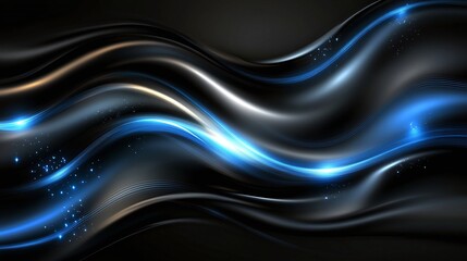 Dynamic Flowing Abstract Waves with Glowing Blue Light Effects and Sleek Metallic Texture on Dark Background