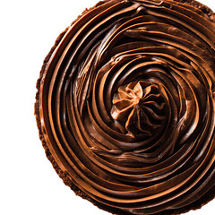 Close up overhead view of a rich dark chocolate cake frosting swirled in a spiral pattern with a central peak against a black background