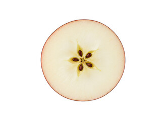 Close Up Overhead View Of A Crisp Red Apple Slice Revealing Star Shaped Seed Core And White Flesh Isolated On A Solid Black Background With Subtle Rim Lighting