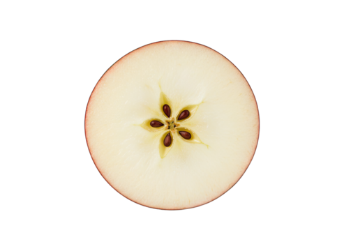 Close Up Overhead View Of A Crisp Red Apple Slice Revealing Star Shaped Seed Core And White Flesh Isolated On A Solid Black Background With Subtle Rim Lighting