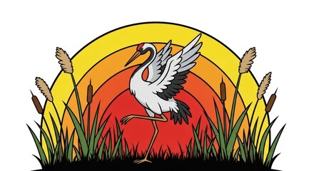 Naklejka premium Elegant crane with geometric sunburst and reeds illustration