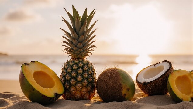 Tropical fruits on a sandy beach at sunset featuring pineapple mango and coconut - Powered by Adobe