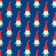 Vector seamless pattern with Christmas gnomes in red hats on dark blue background. Festive winter illustration for wrapping paper, textiles, or holiday projects.