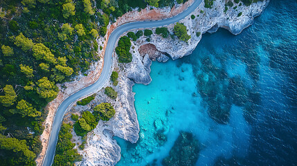 Aerial view of a winding coastal road next to a turquoise sea cove