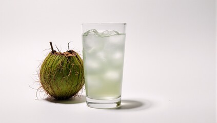 Coconut water and young green coconut fruit on a white background