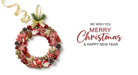 Christmas wreath with ribbon and text wishing merry christmas and happy new year