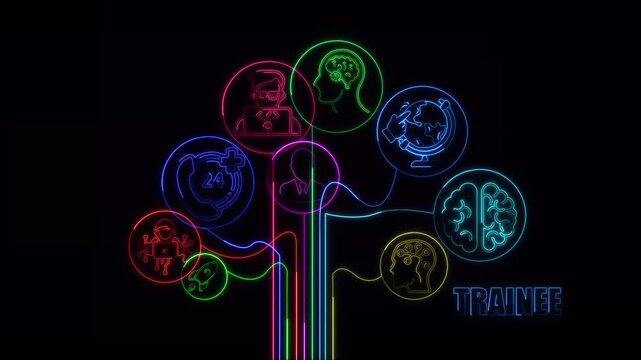 Glowing Neon TRAINEE Banner Animation Internship, Apprentice, Training, Mentor, Support, Cooperation, and Improvement icons shine on virtual screen. Perfect 4K corporate and educational concept video.