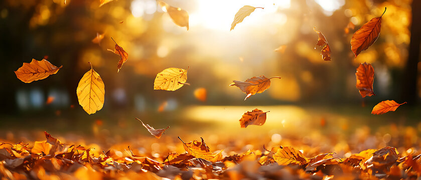 Golden autumn leaves falling gently in warm sunlight through trees