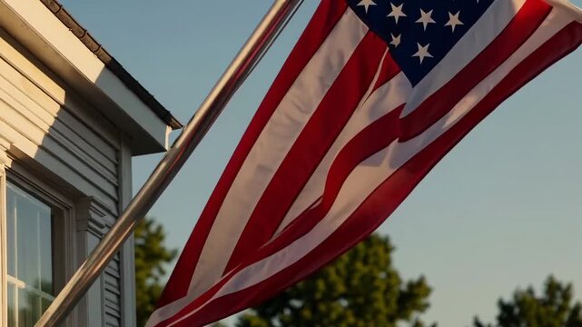 American flag on corner of residential house in sunlight with blurred background.