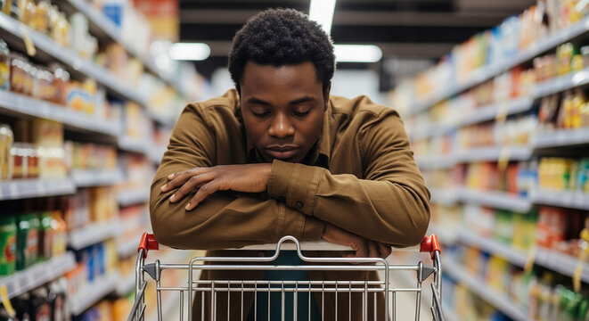 Person leaning on empty shopping cart tiredly in grocery store aisle, consumer fatigue and everyday shopping stress