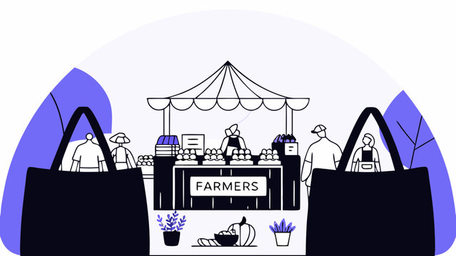 Illustration of a farmers market stand with produce and shoppers in a simple line art style design - Powered by Adobe