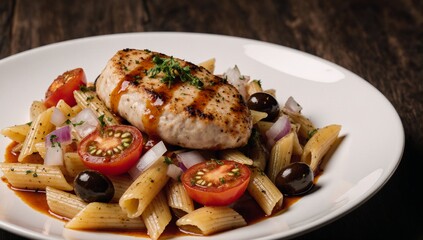 Tomato chicken breast fusilli pasta salad with onion olives and sauce served on a dark wooden plate