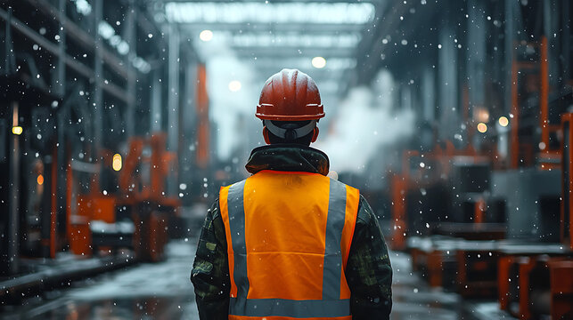 Worker in hard hat and safety vest standing in a large industrial factory setting - Powered by Adobe