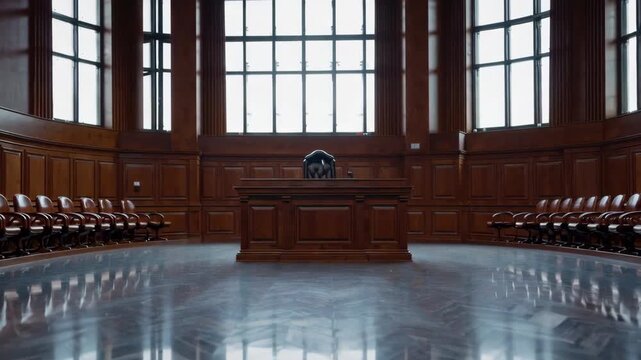 Modern empty courtroom interior with polished wood and judge&rsquo;s bench.
