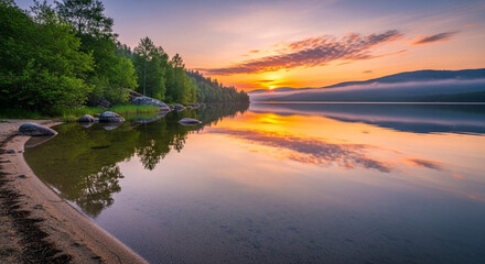 Golden light on snow capped mountains reflecting in serene lake