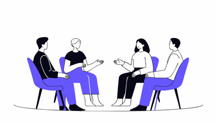 Illustration of four people sitting in a circle on chairs and having a conversation together