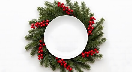 Christmas wreath with red berry decoration and empty white plate isolated on white background