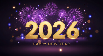 Golden 2026 numbers illuminated by vibrant purple fireworks and bokeh lights celebrating the new year