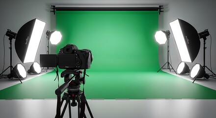 A professional photography studio setup with a green screen backdrop, camera on tripod, and softbox lighting, ideal for portraits and creative projects