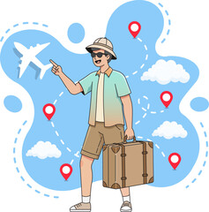 tourist with suitcase traveling summer holiday journey travel vacation tour concept Isolated flat vector template design