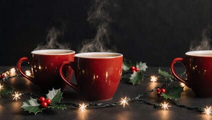 Fototapeta premium Black paper background with two red coffee cups and Christmas decorations