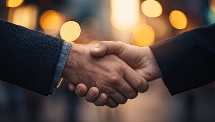 Two people in business attire clasp hands in a firm handshake, blurred bokeh background