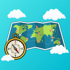 Compass and Route world Map with Location Pins Navigation and Travel Planning direction guidance vector template design illustration