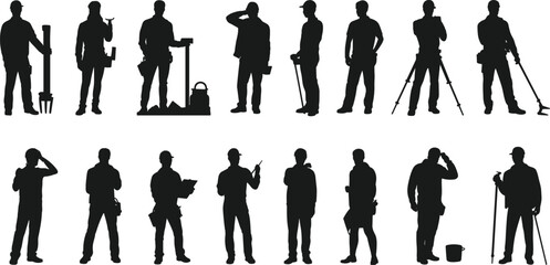 Set of construction and labor worker silhouettes, black vector image of tradesmen with tools, helmets, and equipment in various standing poses, isolated on white background.