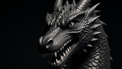 Obraz premium Dragon head showcases sharp teeth and intense gaze outlined in black