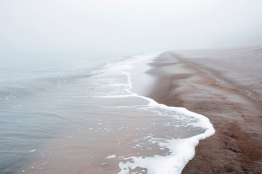 A tranquil beach scene shows a misty shoreline at dawn, where gentle waves meet the sand, creating a serene atmosphere without any people or distractions