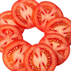Close Up Overhead View of Sliced Fresh Red Tomatoes Arranged in a Circle on a Black Background with Visible Seeds and Pulp