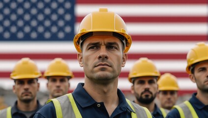 Construction worker in yellow hard hat and blurred American flag background symbolizing Labor Day pride and the American workforce