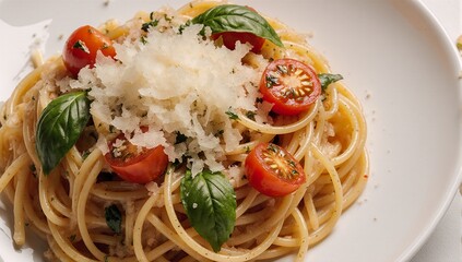 Tempting angel hair pasta with diced tomatoes fresh herbs and grated cheese on a plate