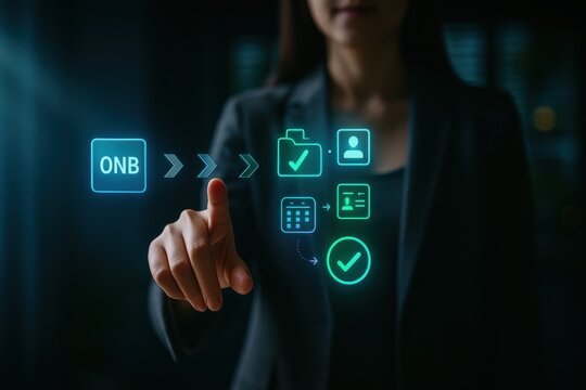 Ultra Small Hologram Workflow Interface with Text Labels for Onboarding and Check Processes in Modern Business Environment