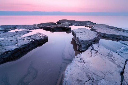At sunrise, the shoreline reveals smooth waters and a vast sky painted in soft pastel colors. Rocky formations break the surface, creating a serene landscape at dawn