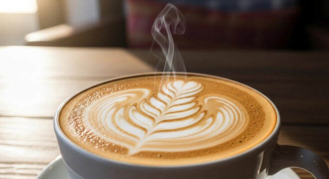 Warm steaming latte with exquisite leaf art on a rustic table
