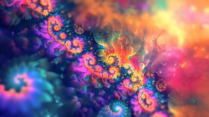 Vivid Fractal Cascade Spiraling Flowers in a Dreamlike Landscape of Color.